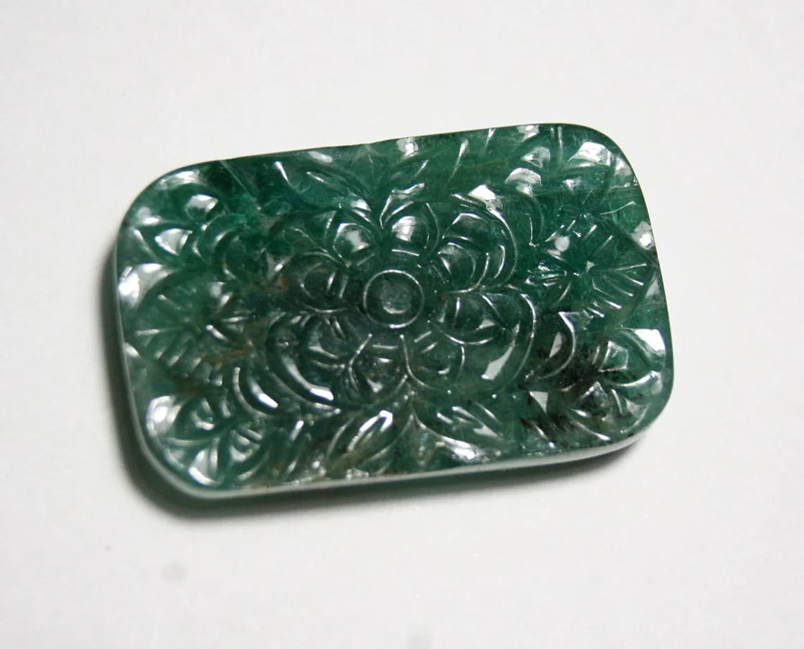 Zambian Emerald Carving 63.7ct Stunning Floral Pattern Natural Emerald Carving 34x22mm