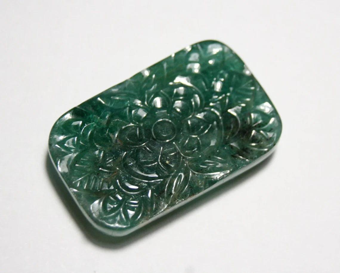 Zambian Emerald Carving 63.7ct Stunning Floral Pattern Natural Emerald Carving 34x22mm