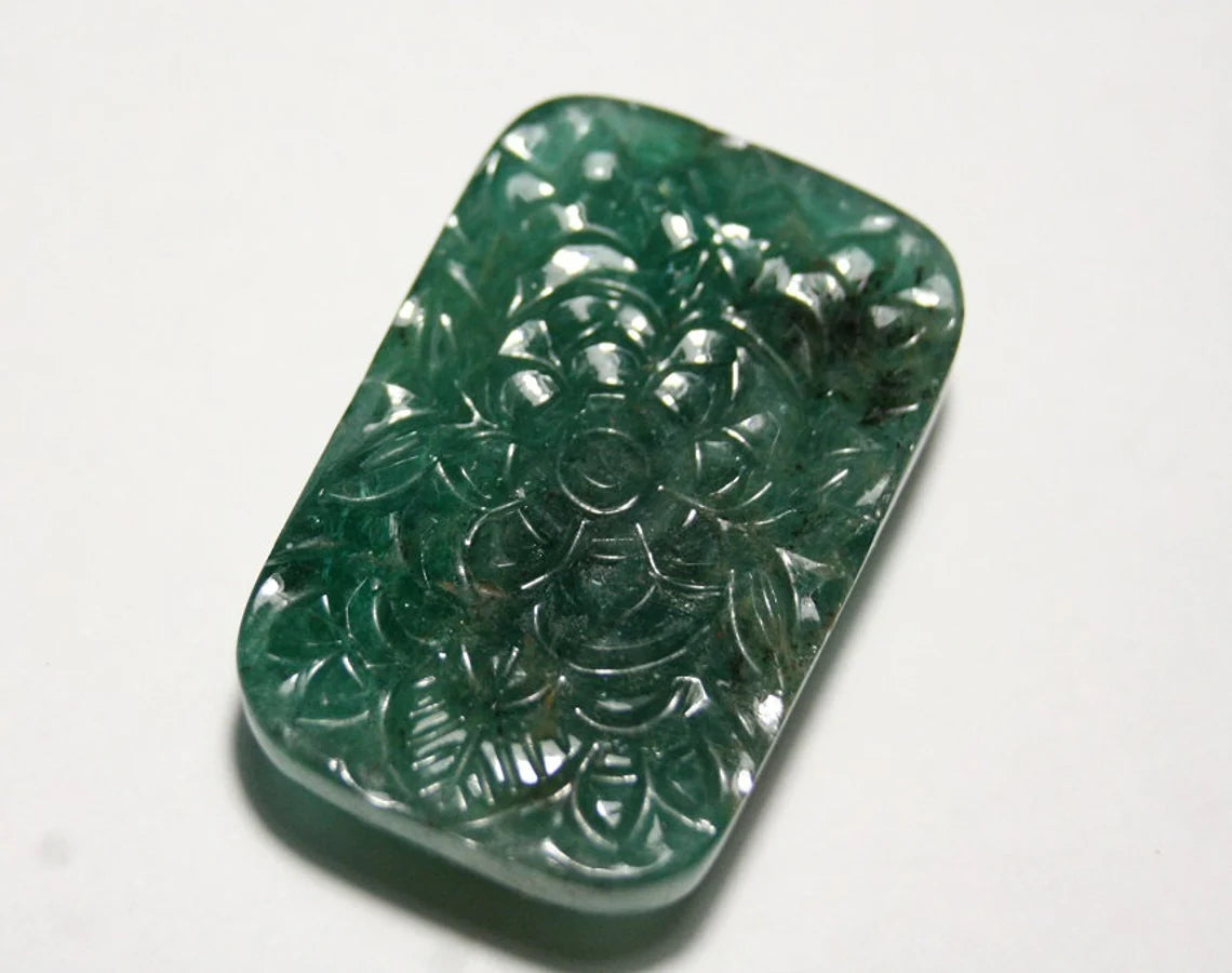 Zambian Emerald Carving 63.7ct Stunning Floral Pattern Natural Emerald Carving 34x22mm