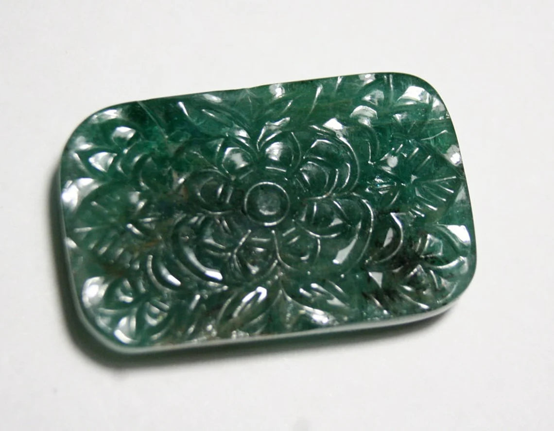 Zambian Emerald Carving 63.7ct Stunning Floral Pattern Natural Emerald Carving 34x22mm