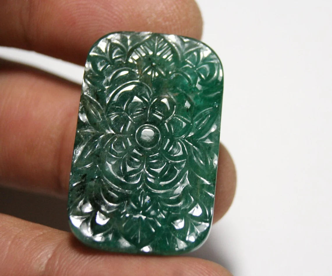 Zambian Emerald Carving 63.7ct Stunning Floral Pattern Natural Emerald Carving 34x22mm